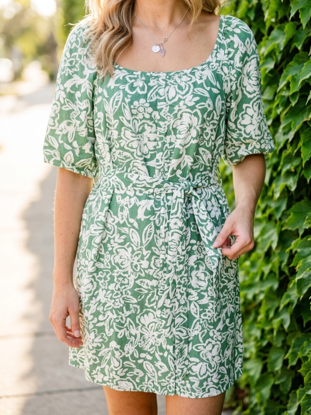 NWT Green Floral Square-Neck Belted Mini Dress